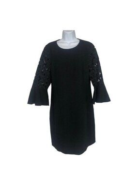 Elie Tahari Womens Black Bell Sleeve Dress US Size 10 Laser Cut Details Chic